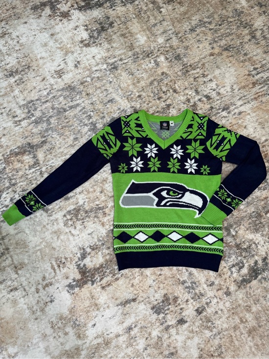 NFL Team Apparel Sweaters - NFL Klew Seattle Seahawks Women's Big Logo V-Neck Ugly Christmas Sweater Medium